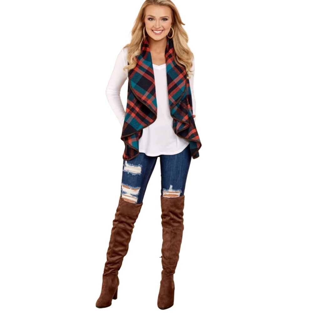 Buffalo Plaid Asymmetric Sleeveless Vest Cardigan - Picture 2 of 16